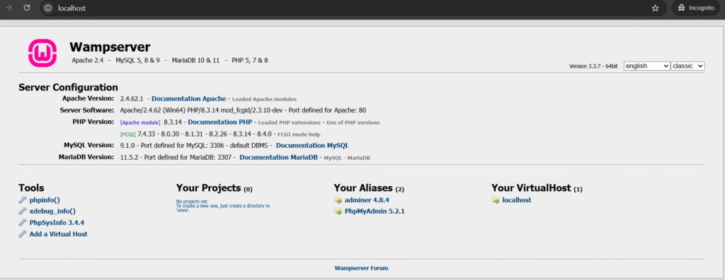 Tampilan saat wampp server telah berjalan sebagai lokal server di windows