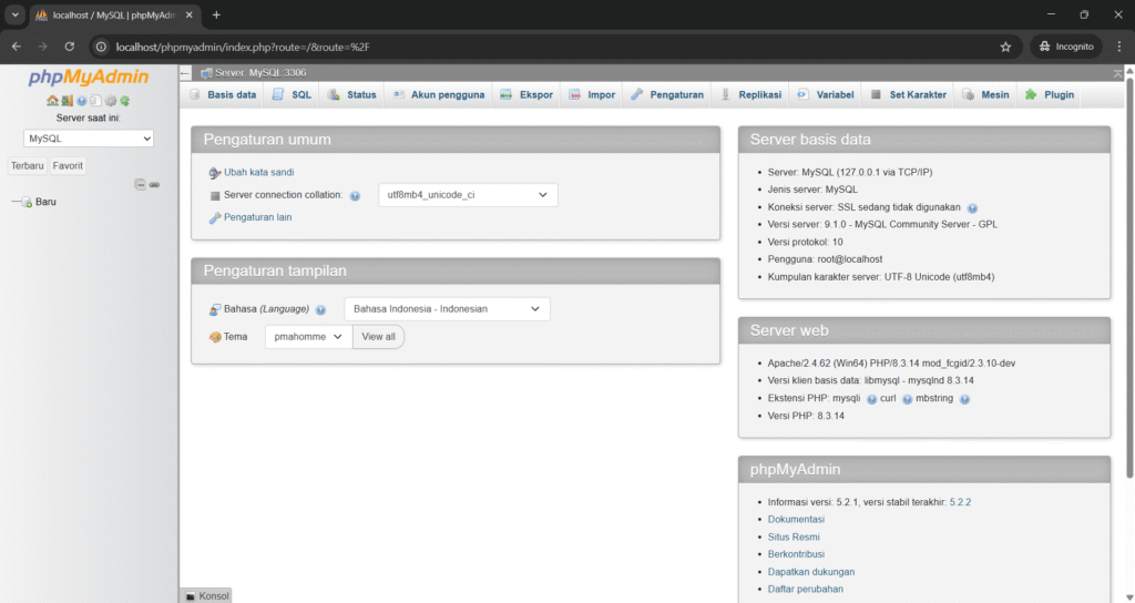 Tampilan PhpMyadmin yang berjalan menggunakan wampp server
