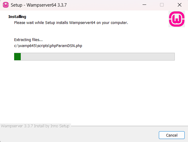 Proses instalasi wampp server untuk windows sedang berjalan.