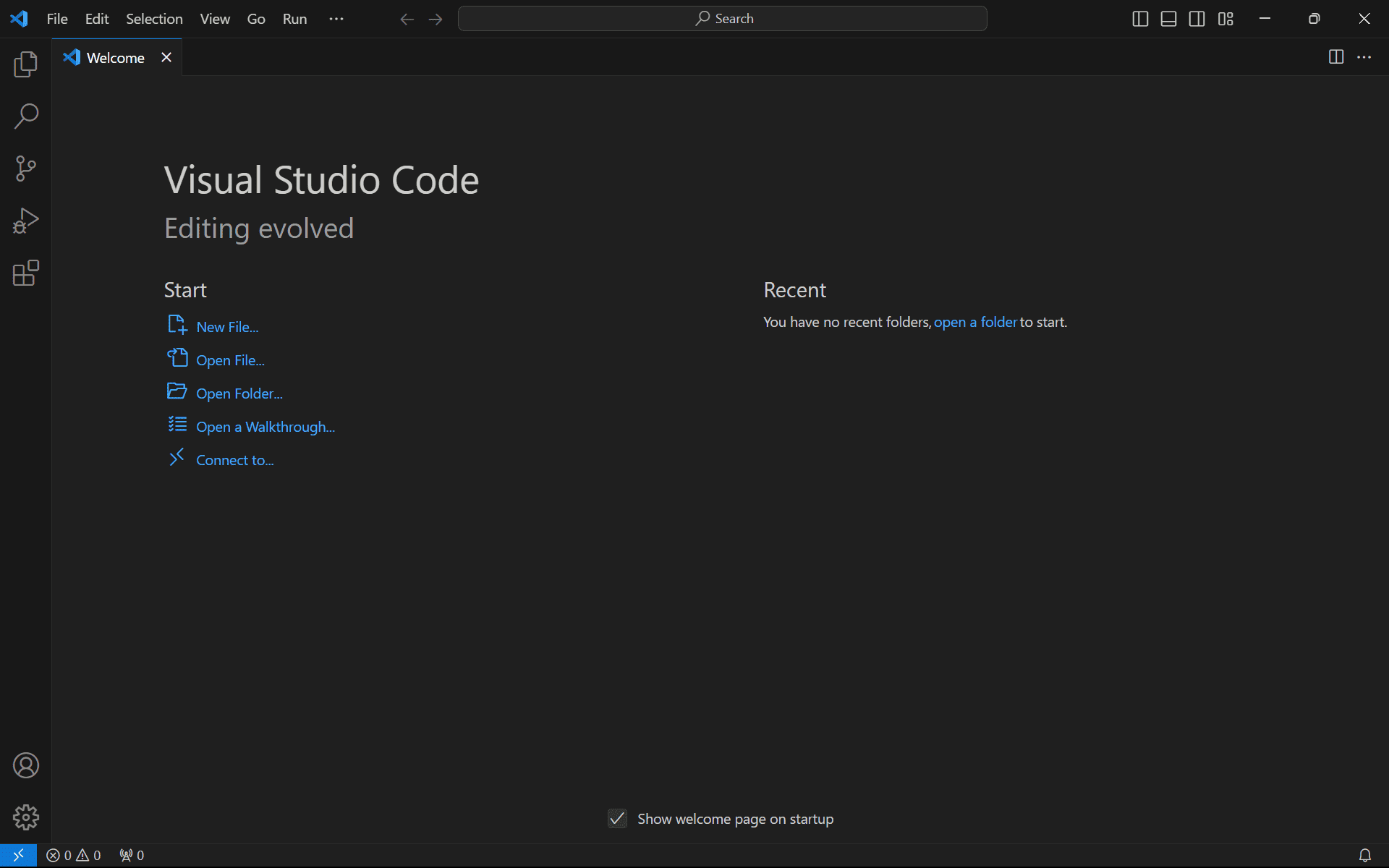 Tampilan awal visual studio code yang baru di install di windows